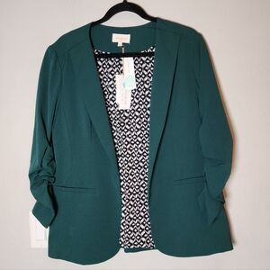 NWT Skies Are Blue Green Blazer Jacket Open Front Pockets Ruched Sleeves Size L